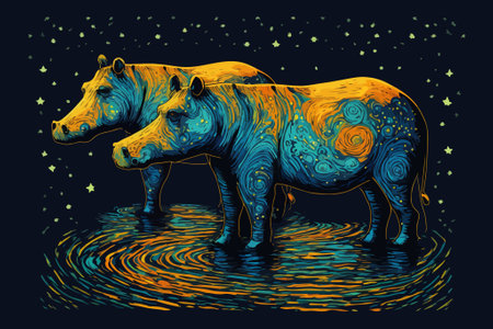 A pair of rhinos standing next to each other in a pool of water under a starry sky. A pictorial...