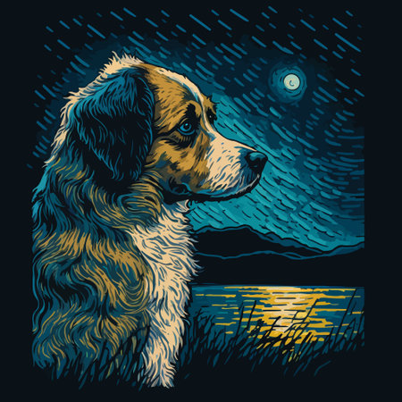 A dog sitting by a pond under a full moon. Picturesque vector illustration in post-impressionist style.のイラスト素材