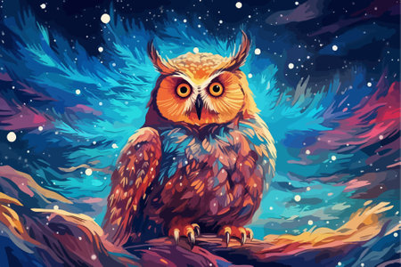 Fabulous owl with colorful feathers on the background of the beautiful night sky. Artistic illustration in bright colors for wall art and home decor.のイラスト素材