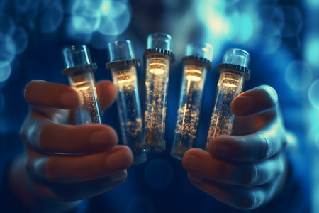 Scientist holding test tubes with vaccine samples. Medical laboratory research and development concept. Generative AI illustration.の素材