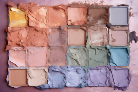 Palette of crushed eyeshadow as sample of cosmetic product on pink background. Generative AI illustrationの素材