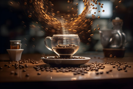 Cup of coffee on wooden table in dark room with coffee beans levitating in mid-air. Generative AI illustration.の素材