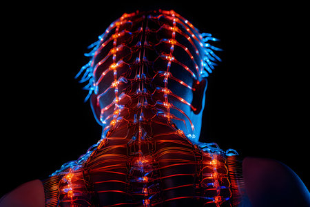 The human neck, to which the neural interface or brain-computer interface is connected. Symbolizing the integration of technology and cognition, Generative AI illustration.の素材