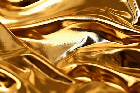 Close-up of a shiny gold fabric texture with wavy smooth folds. Generative AI illustration.の素材