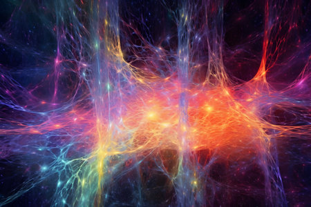 Digital cosmic energy texture, neon-colored streams of data flowing through a digital universe. Generative AI illustration.の素材