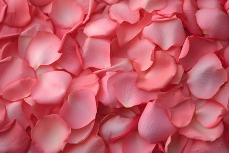 Delicate red rose blossom petal texture, soft pastel hues and graceful petals scattered like confetti. Generative AI illustration.の素材