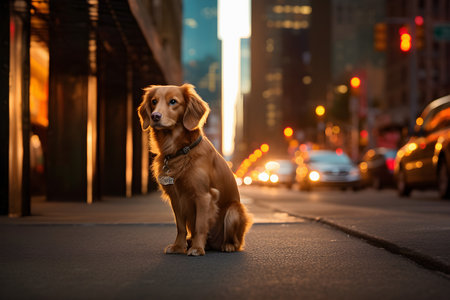 Dachshund dog sitting on the road in the city at night. Generative AI illustration.の素材
