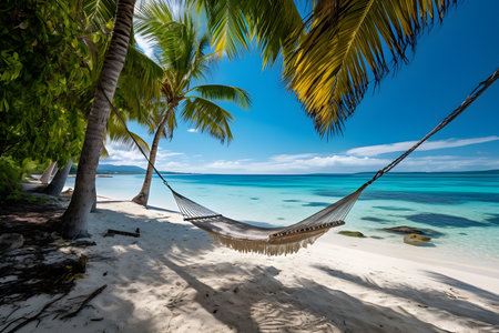 Hammock on tropical beach at Seychelles - nature background. Generative AI illustration.の素材