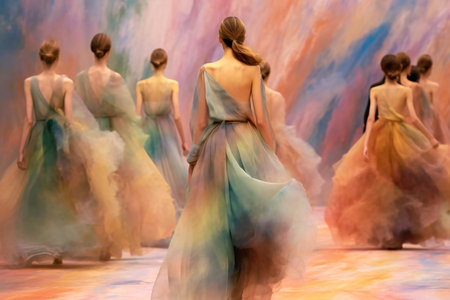 The fashion models completed the fashion show and left the runway in lightweight tulle dresses. Watercolor style, in delicate pastel colors, Generative AI illustration.の素材
