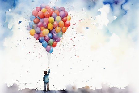 Conceptual image of a young man holding a bunch of colorful balloons in watercolor painting style. Generative AI illustration.の素材