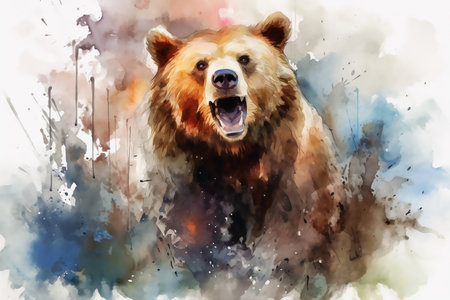 Angry brown bear in watercolor style on a colorful abstract background. Wildlife and hunting concept, Generative AI illustration.の素材