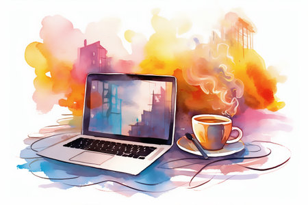 Colorful laptop and coffee cup on abstract watercolor background. The concept of freelancing and remote work, Generative AI illustration.の素材