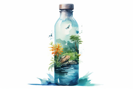 A stylish and sustainable reusable water bottle with abstract lush nature in watercolor style. Organic and eco-friendly concept, Generative AI illustration.の素材