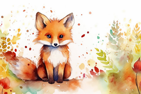 Cute colorful baby fox in an autumn forest in watercolor painting style. Artistic generative AI illustration for nursery, wall art postcards, posters.の素材
