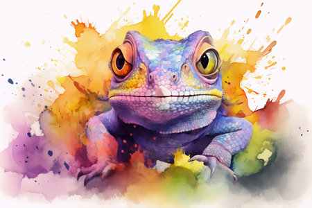 Watercolor portrait of a cute, colorful chameleon on an abstract background. Artistic generative AI illustration for nursery, wall art, posters, postcards.の素材