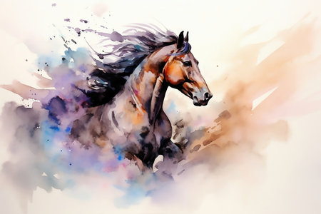 Portrait of a galloping horse in watercolor style on abstract background. Colorful generative AI illustration for postcards, wall art, nursery.の素材