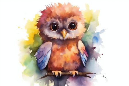 Cute colorful owlet perched on the branch in watercolor style. Artistic generative AI illustration for posters, cards, nursery.の素材