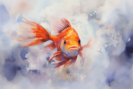 A watercolor-style cute goldfish swimming in the sea. Colorful, generative AI illustration for home decor, wall art, postcards, nursery.の素材