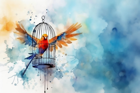 Colorful parrot in a cage in watercolor style on abstract background. Freedom concept, generative AI illustration.の素材