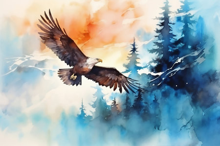 Watercolor painting of a bald eagle flying over the forest in winter. Colorful generative AI illustration for postcards, posters, home decor, wall art.の素材