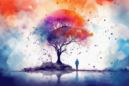 A lonely tree and a lonely man by the lake is an abstraction in watercolor style. The concept of loneliness, generative AI illustration.の素材