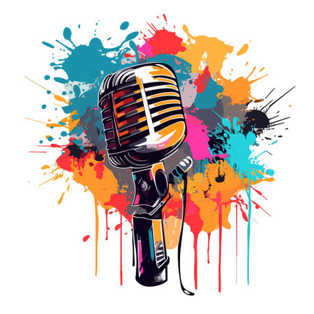 Boom microphone with paint splatters in graffiti style illustration. Standup concept, printable design for t-shirts, mugs, cases, apparel.のイラスト素材