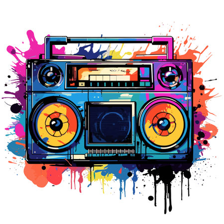 Old boombox with colorful paint splatters in graffiti style. Printable design for t-shirts, mugs, cases, apparel.のイラスト素材