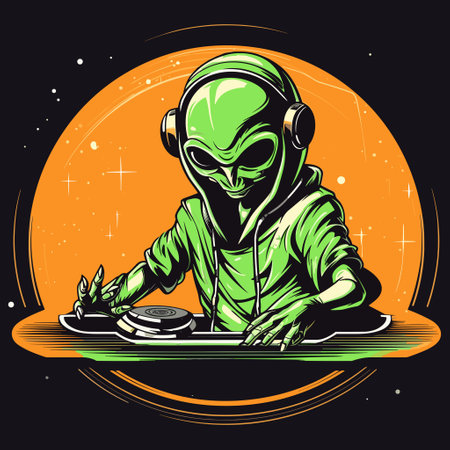 Funny alien DJ playing music on a turntable, graffiti art style. Printable design for t-shirts, mugs, cases, apparel.のイラスト素材