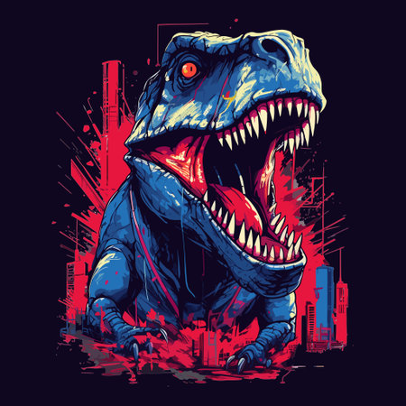 A huge T-Rex dinosaur with a city in the background. Colorful vector art for t-shirts, mugs, cases, apparel.のイラスト素材