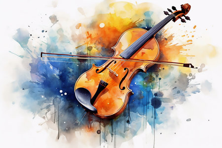 Painting of violin and bow on a colorful abstract watercolor background. Generative AI illustration, music concept.の素材