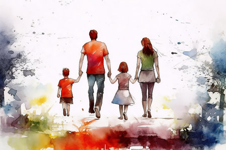 Happy family walking in the park, silhouettes of children and parents, back view. Colorful generative AI illustration in watercolor style on abstract background.の素材