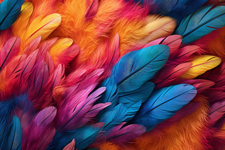 Background of many colorful bird feathers laying on top of each other. Generative AI illustration.の素材