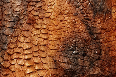 Abstract textured brown crocodile skin background. Close-up view, Generative AI illustration.の素材
