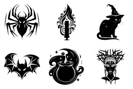 Set of Halloween graphics - scary spider and bat, candle, magic pot, black cat, voodoo priestess. Black and white, isolated.のイラスト素材
