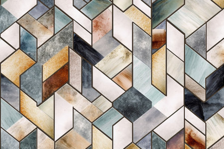 Colorful ceramic mosaic wall background composed of different geometric tiles. Generative AI illustration.の素材