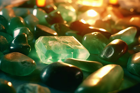 Close up shot of a pile of colorful green gemstones on a table with warm glow, sparkles and sunlight. Generative AI illustration.の素材