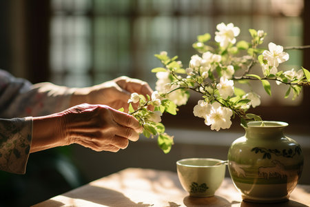 Close up of an elderly Japanese woman's hands arranging a small ikebana flower arrangement in a ceramic vase, morning light from a nearby window, shallow depth of field.の素材