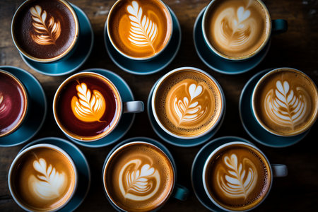 Overhead view of various coffee cups on a counter, soft natural lighting, focus stacked, vivid colors.の素材