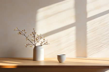 A white cup and a caeramic vase with blooming branches on a wood table. Natural window lighting, soft sunbeam, minimal kitchen concept.の素材