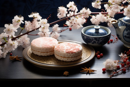 Top down view of a traditional Japanese wagashi dessert - sakuramochi with a cherry blossom motif, on a small porcelain plate next to a teapot. Indirect sunlight, flat lay composition.の素材