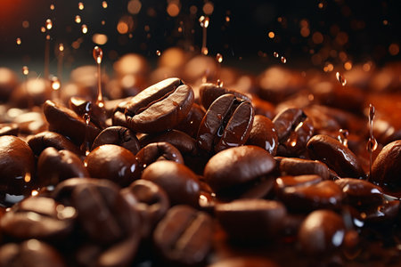 Coffee beans with honey falling in slow motion, extreme close up shot.の素材