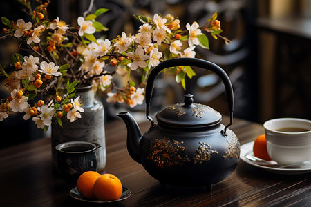 Top-down view of a spread of seasonal Asian fruits and sakura flowers next to a cast tetsubin teapot. Flat lay composition, sunlight indirect.の素材