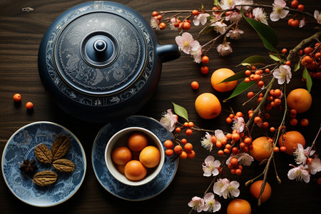 Top-down view of a spread of seasonal Asian fruits and sakura flowers next to a cast tetsubin teapot. Flat lay composition, sunlight indirect.の素材
