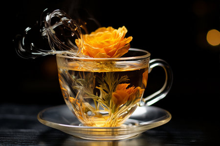 Side view of a teacup full of blooming tea, the flower unfurling gently within, illustrating the delicate beauty and artistic presentation of blooming tea.の素材