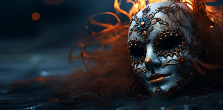 Halloween carnival mask, charred by fire, close-up, symbol of fear or decayの素材