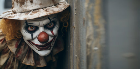 A creepy clown peeking around a cornerの素材