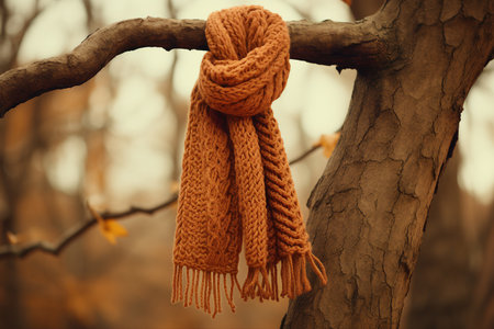 A golden hand-knitted scarf made of Australian wool, hanging on a tree branch. Symbol of hope and compassion, reminder of the kindness and generosity of strangers.の素材