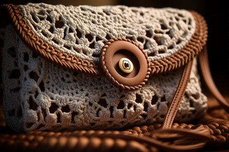 An elegant crocheted clutch purse for carrying essentials on the go, intricate handmade details, close up view. Simplicity, elegance, and warmth concept.の素材