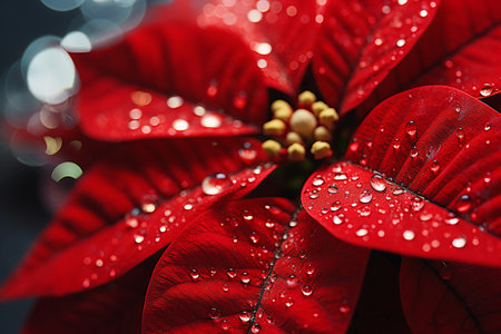 A red Christmas poinsettia flower, with water drops on it. Morning sunrise backlighting.の素材
