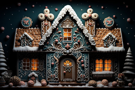 A carefully decorated gingerbread house, intricate icing details. Cozy and festive atmosphere.の素材